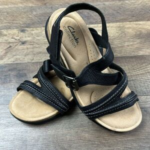 Clarks Women Adjustable Sandals ANKLE‎ STRAP Brynn Step BLACK Leather SIZE 8 M